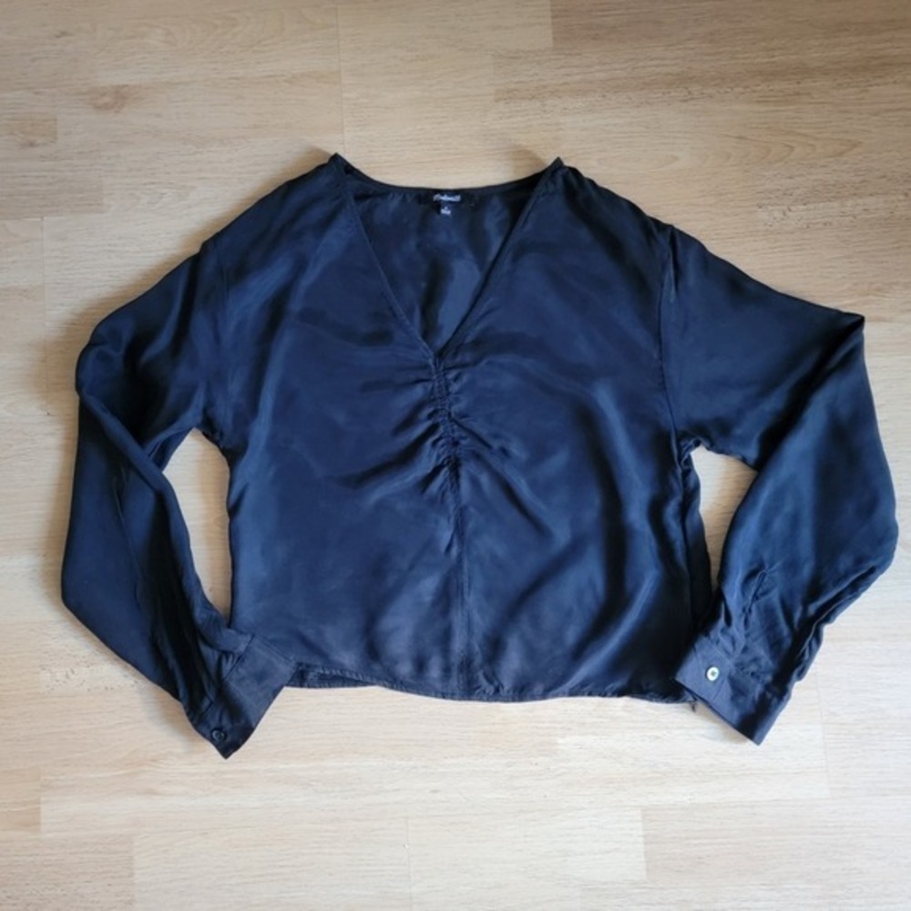 Madewell Black Cupro Viscose Ruched V-Neck Side Zip Long Sleeve Top‎ Size 6
